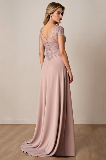 Dusty Rose A Line Satin Lång Klänning för Brudens Mor med Spets